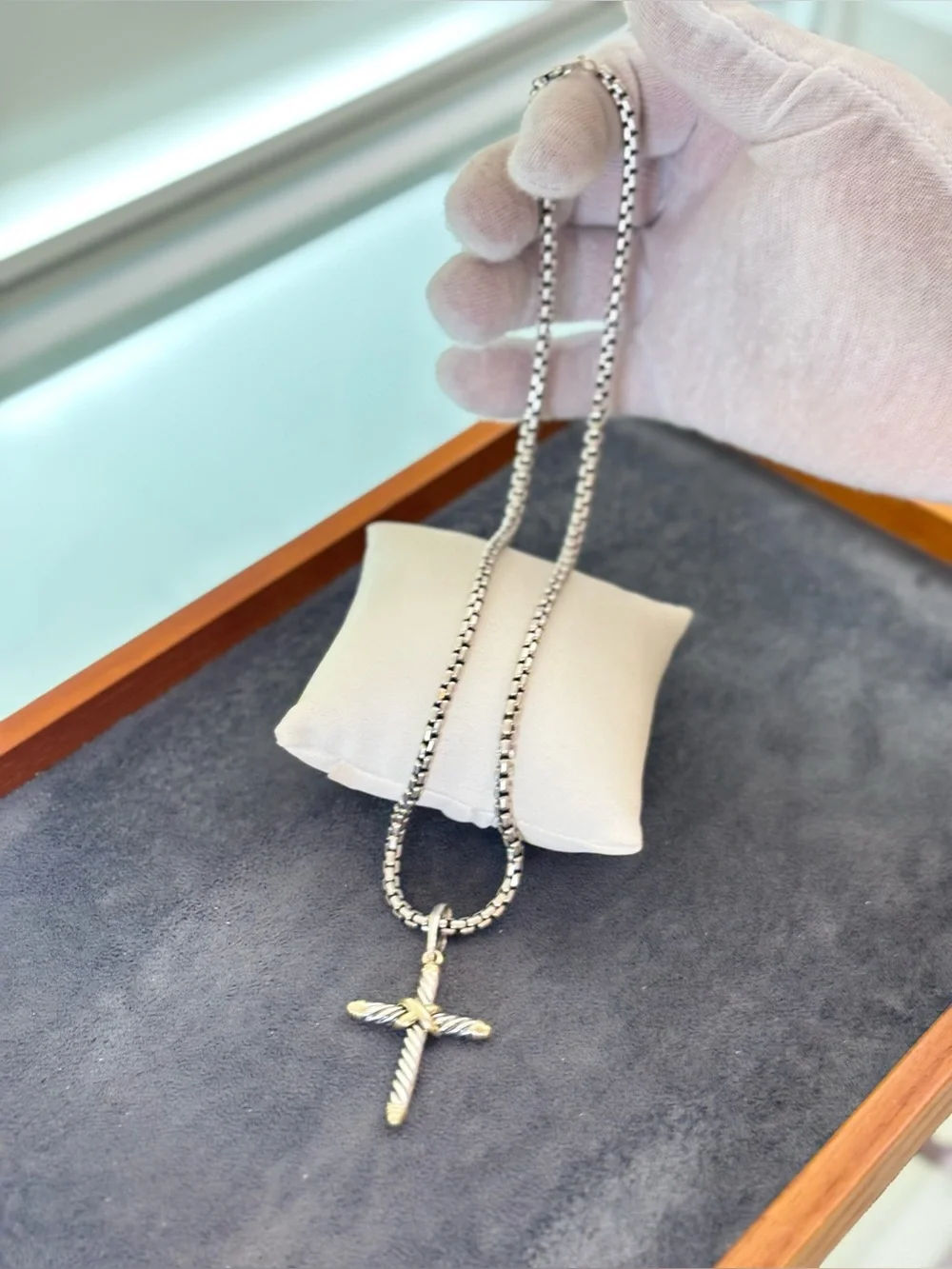 David Yurman 925 & 14k Gold Unisex Cable Cross Pendant Necklace 18